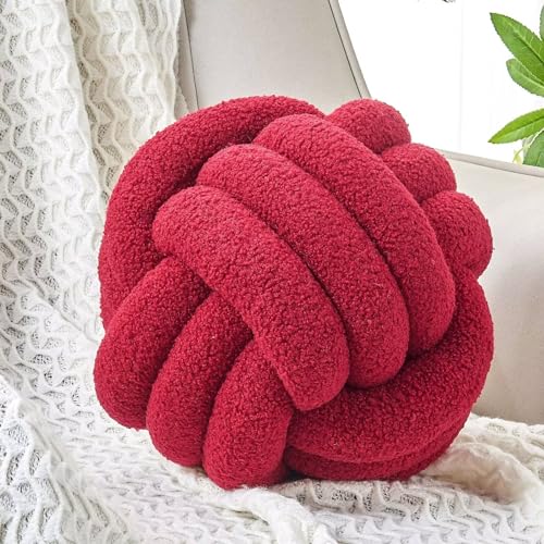 Image of Uvvyui Knot Pillow Ball, Soft Home Decorative Round Throw Pillow, Handmade Knotted Plush Pillow, Round Boucle Pillow Cushion (8.6 Inches Burgundy)
