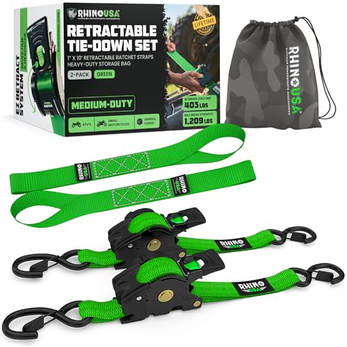 Rhino USA Retractable Ratchet Straps (2-Pack) - 1 Inch x 10 Feet (1,209lb Break Strength) - Auto Self Retracting Tie Down Straps for Truck, Cargo Trailer, Motorcycle, ATV, UTV - Green