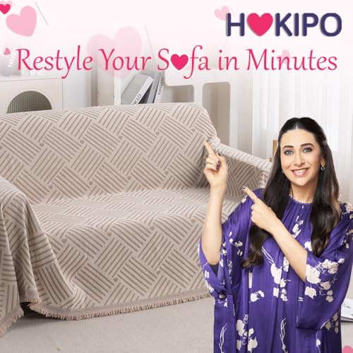 Image of HOKIPO 320 GSM Chenille Sofa Throw Blanket for 2 Seater Sofa - Printed All-Season Sofa Cover, 'Serene Abode Series' Beige Geo Weave (180x250 cm) (AR-6632-D7)