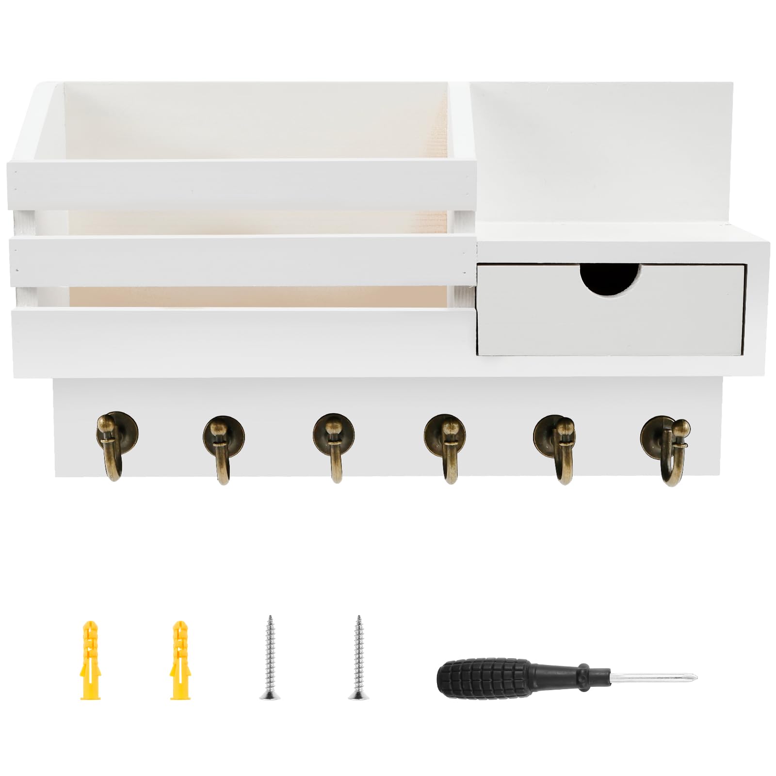 Cbwerbb White Key Holder For Wall With Shelf,Wood Racks Wall Mounted With 6 Hooks And Storage Drawer,Key Hangers Mail Organizer Home Decor For Living Room, Kitchen, Office, Entryway, Bedroom,Hallway(White)