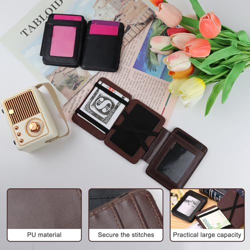 PU Magic Wallet, Men’s Ultra-Thin Three Fold Flip Wallet with ID Window, Two Side Opening Magic Leather Money Clip for Credit Cards, ID Cards, and Folded Cash (Black)3