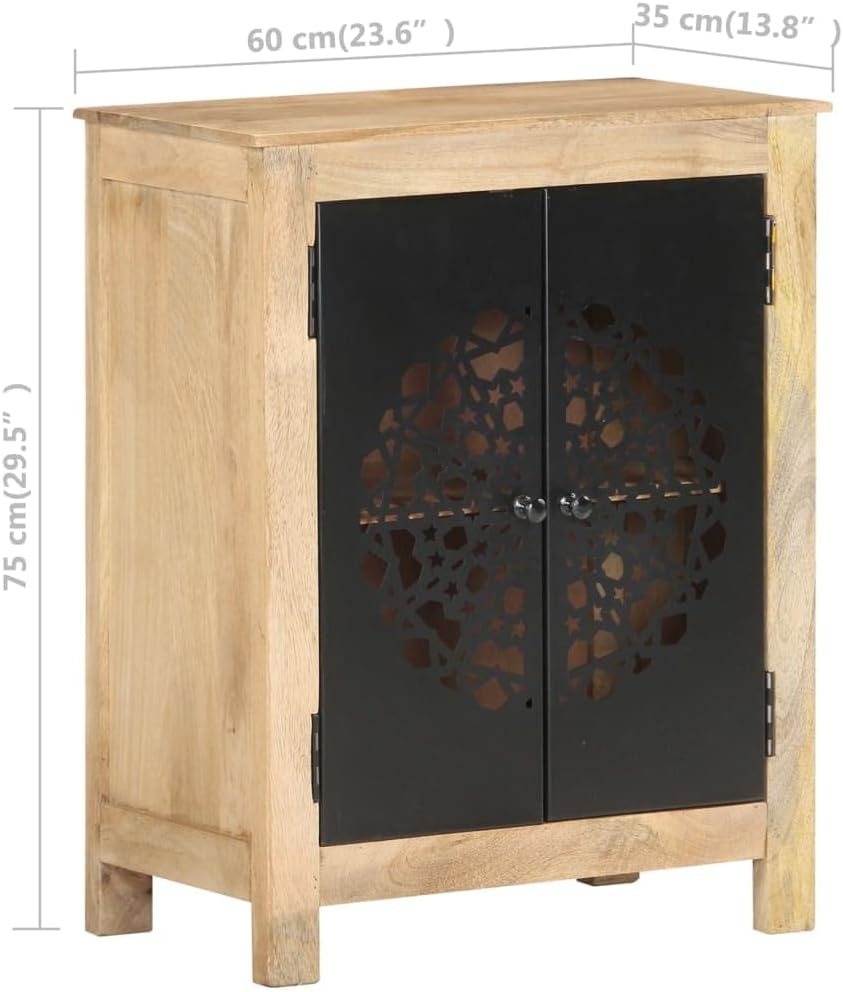 Solid Mango Wood Sideboard with Black Doors, Rustic Storage Cabinet for Living Room Hallway Bedroom, Natural Wood Grain Texture, Durable Powder Coating Finish, Ample Shelves