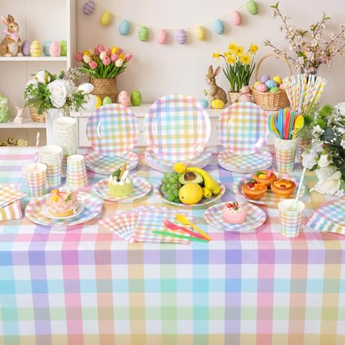 Image of Funnymoom 452 Pcs Pastel Easter Party Decoration for 50, Spring Easter Paper Plates Napkins Cups Tablecloth Cutlery Straws Rainbow Pastel Gingham Plaid Tableware for Spring Birthday Party Supplies