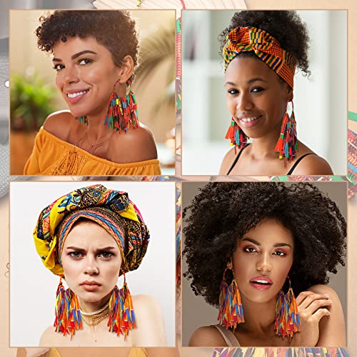 Sureio 2 Pairs African Fabric Tassel Earrings Set Ankara Fringe Hoop Earrings Fashion African Cloth Print Jewelry for Women Accessories 5