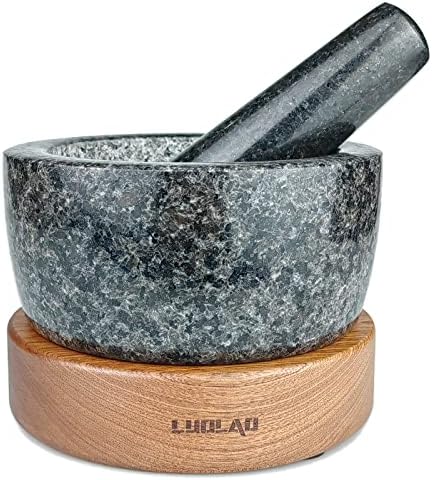 LUOLAO Large Mortar and Pestle Set, 2 Cup Capacity, Heavy Granite Stone Molcajete Bowl with Wood Base, Used in Guacamole, Salsa, Herb Crusher, Grind and Crush Spices and Nuts to Release Flavor, Black