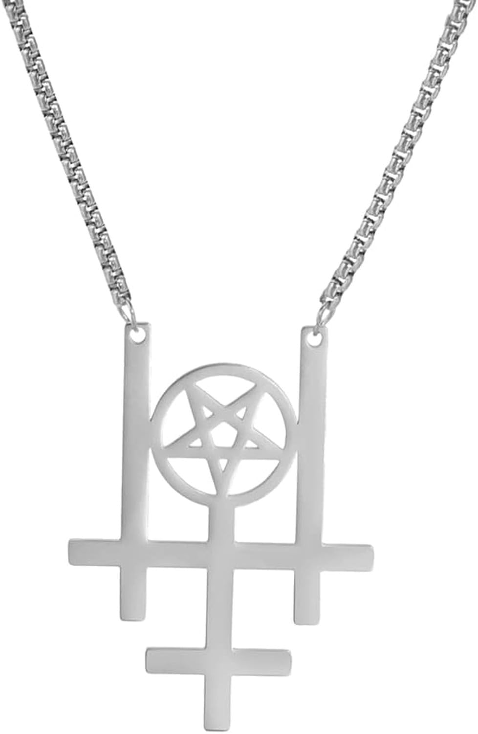 Faozhuo SS Chain Triple Inverted Cross Reverse Pentagram Stainless Steel Pendant Jewelry Wiccan Satan Talisman Amulet Gift for Men Women