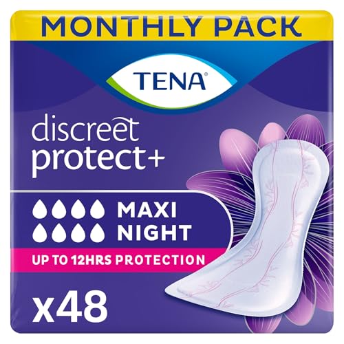 TENA Discreet Maxi Night, Incontinence Pads for Women, Specifically Designed for Night Time Protection with Wider Back and Extra Length, 48 Count (Pack of 8 x 6),packaging may vary