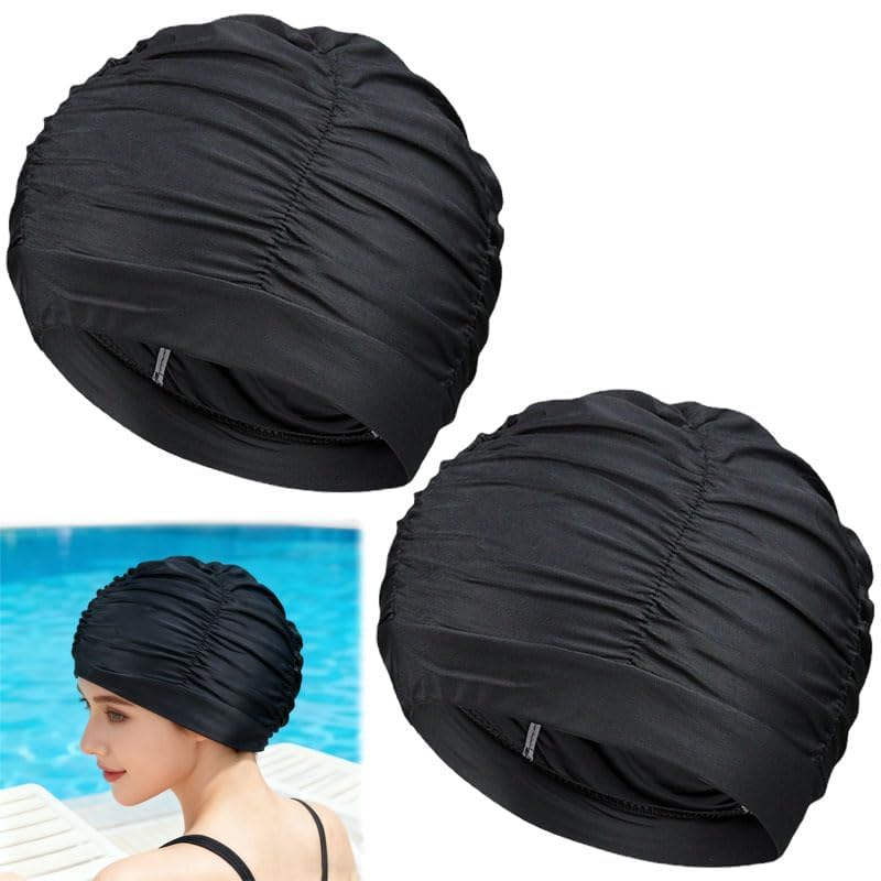 2 gorros de natación para mujer, gorro de natación elástico, transpirable, gorro de natación de pelo largo para verano, playa, vacaciones y piscina interior (negro)