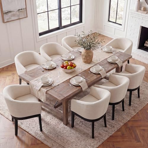 Image of HNY Barrel Dining Chairs Set of 8, Mid Century Modern Upholstered Dining Chairs with Arms, Linen Kitchen & Dining Room Chairs, Solid Wood Frame Accent Chairs for Kitchen, Apartment, Cream