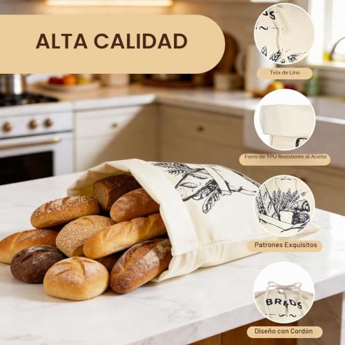 Miniatura 3 de Yamaiduo 2 Piezas Grande Bolsa De Pan De Cera De Abeja, 45x35 Cm Bolsa Pan Tela De Lino Con Forro Tpu Para Conservación El Pan Fresca, Sostenible Y Lavable Bolsas Para Pan Con Cordón Reutilizable