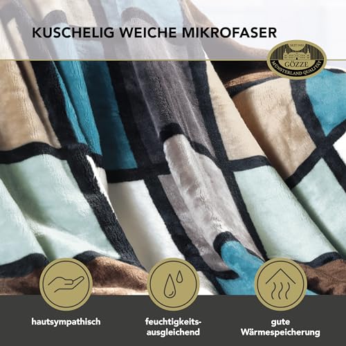 Gözze - Weiche Kuscheldecke, Cashmere Feeling, Hohes Stoffgewicht 500 g/m², Antigua, 150 x 200 cm - Aqua/Taupe/Petrol