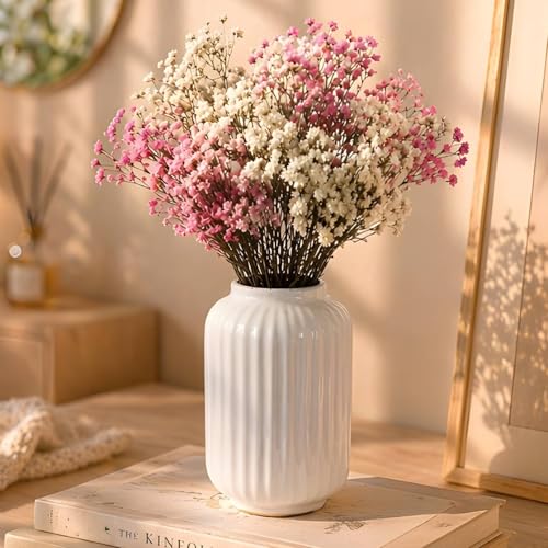 Image of Art Street Modern Ribbed Ceramic Flower Vase | Pearl White Decorative Boho Vase for Living Room, Bedroom & Office Dcor - (Flower not Included), 7x4 Inch