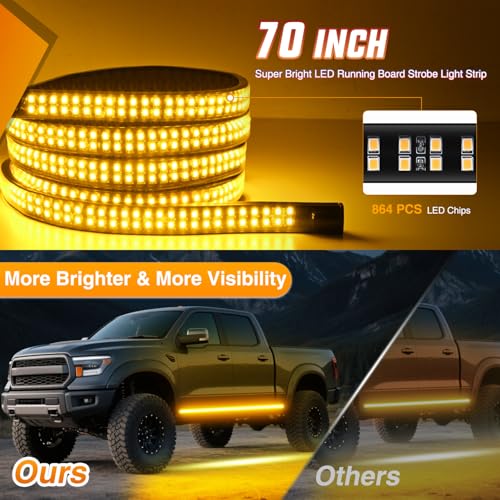 Image of Nilight 2PCS 70 Inch Emergency Strobe Light Strip with Controller 864 LED Amber Running Board Lights Flexible Side Flashing Warning Caution Safety Waterproof for Truck Construction Pickup