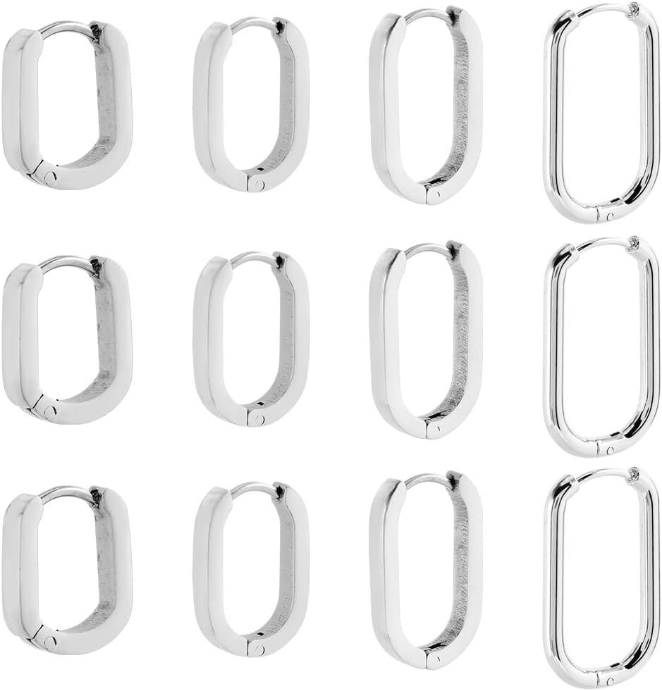 SUNNYCLUE 1 Box 8 Pairs 4 Styles Silver Earrings Huggie Hoops Stainless Steel Huggie Earrings Bulk Metal Oval Rectangle Ear Rings Hoop Findings for Jewelry Making DIY Crafts Trendy Gifts Adults