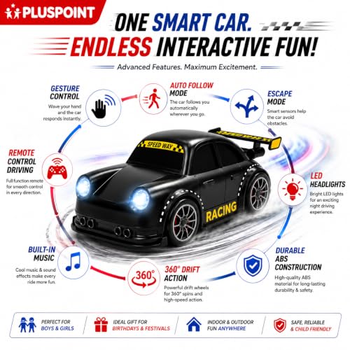 Image of PLUSPOINT Smart RC Drift Toy Car for Kids | 2.4GHz Remote Control Car with Gesture Induction, Follow me, LED Lights & Music | Rechargeable Drift Racing Car for Boys & Girls Age 3+