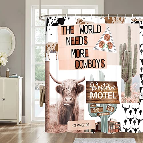 Rustic Western Shower Curtain For Bathroom, Funny Longhorn Cattle Cow Shower Curtain Set Western Desert Cactus Shower Curtains, Cute Farm Animal Farmhouse Fabric Bath Curtain With 12Pcs Hooks 70X70In #TOP1