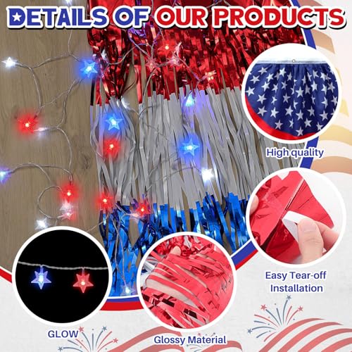 Image of Crowye 250th 4th of July Parade Float Glow in The Dark Decoration Set Memorial Day Metallic Foil Fringe Curtains Patriotic Banner Red White Blue Crepe Paper Streamer Star Shape String Light for Party
