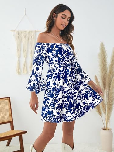 Image of Off Shoulder Ruffle Dress for Women, A-Line Mini Dress with Belt, Fitted Bust Summer Wedding Guest Dress