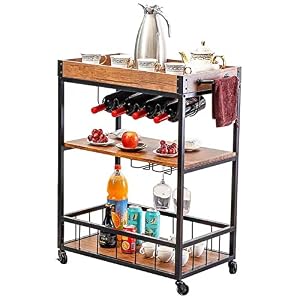 家庭用バーサービングカート、ガラスホルダーとワインボトルラック付きローリングウッドメタルキッチンカート、取り外し可能なトップトレイ、ロック可能なキャスター、インダストリアルヴィンテージスタイル、サービングトロリーガラスホルダーバーキャ...
