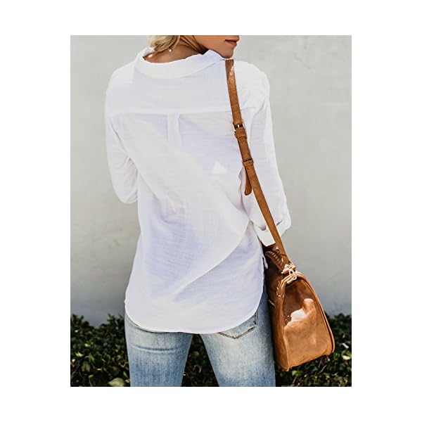 Runcati Womens Button Down Shirt Cotton Linen Long Sleeve V Neck Dress Shirts Casual Loose Roll Up Work Blouse Tops with Pockets White