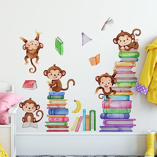 Monkey Wall Decals Animals Monkey Reading Books Wall Stickers For Baby Nursery Kids Bedroom Classroom Wall Decor #TOP1