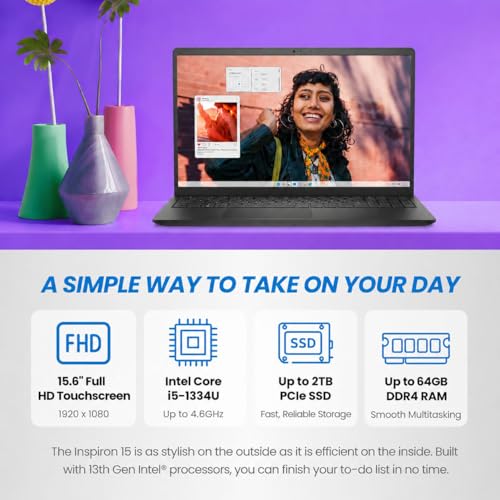 Image of Dell Inspiron 15.6 inch FHD Touchscreen Laptop | 13th Intel i5 (Up to 4.6GHz) | 16GB DDR5 RAM | 1TB SSD | WiFi 6 | HDMI | SD Card Reader | Win 11 | Webcam | Business Laptop for Work, Study & Home Office