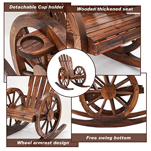 Ahb Outdoor Wood Rocking Chair, Wagon Wheel Decor Armrest Yard Glider Rocking Patio Chair With Slatted Design, Adirondack Rocking Chair For Porch Lawn Garden Balcony Poolside, Brown (1 Pcs) #TOP3