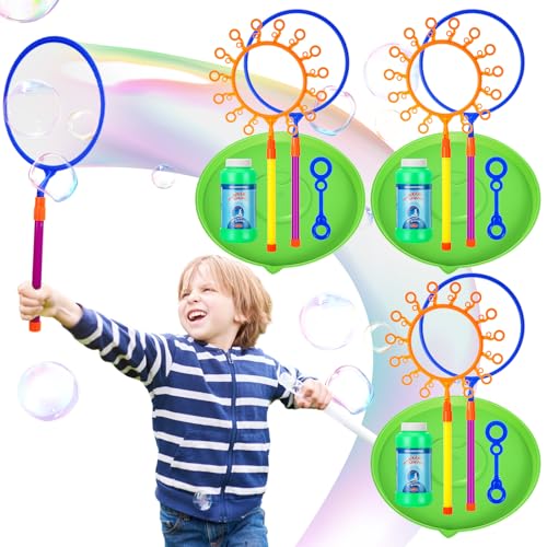 Lenwen 3 Sets Summer Giant Bubble Wands Set Big Bubble Maker Kit Large Bubble Wands Gigantic Bubbles Maker with Bubble Refill and Tray for School Birthday Outdoor Playtime Fun Activity Party Favors