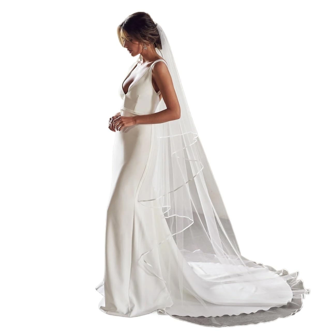 Ryhapm Ivory Wedding Veil Ribbon Edge 2 Tier Bridal Veils Wedding Cathedral Length Cover Front And Back Soft Italian Tulle Veil(,300Cm)