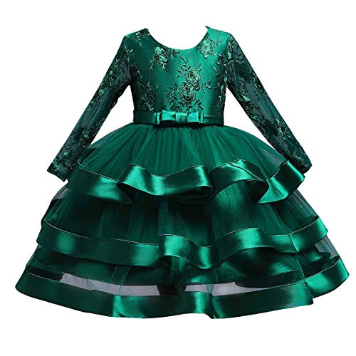 OBEEII Filles Robes Brodées Manches Longues avec Patchwork de Broderies Florales Robe de Soirée Cérémonie Mariage Demoiselle d'honneur Communion Fête Prom Vert Foncé 4-5 Ans