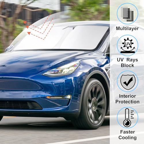 Image of Windshield Sun Shade Custom Fit for 2017-2025 2026 Tesla Model Y Model 3 (Fit 2025 2026 Model Y Juniper /2024 Model 3 Highland) Accessories Foldable Front Window Sunshade Shield Blocker Keeps Car Cool