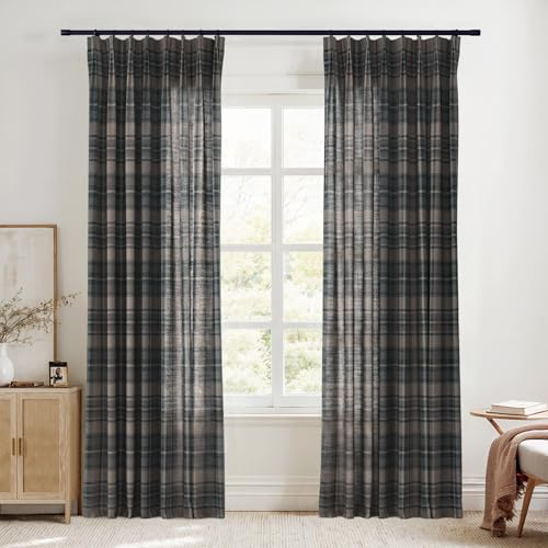 Image of TWOPAGES Pinch Pleat Plaid Curtain 90 Inch Long Light Filtering Privacy Drape Linen Textured Tartan Curtain for Kitchen Bathroom (Raisin, 26W x 90L Inches, 1 Panel)