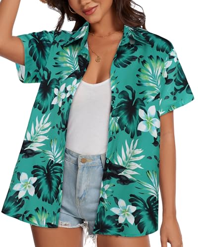 Image of Women Hawaiian Shirt Button Down Summer Tops Beach Short Sleeve Blouse