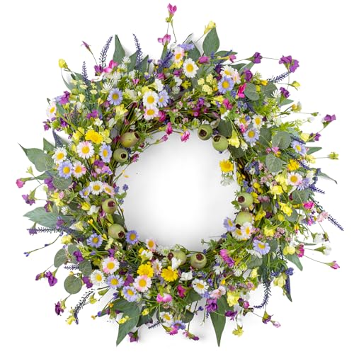 Yawwind 22 Inches Summer Wreaths for Front Door Green Spring Floral Wreath Summer Door Wreath Wildflower Wreaths with Lavender Daisy for Indoors Windows Porch Wall Outside All Season