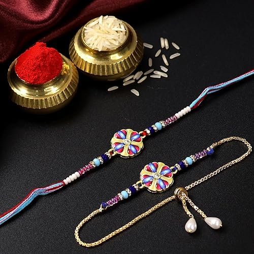 Image of Oblivion Rakhi Set for Brother and Bhabhi - Peacock with Feather Gift for Bhai & Lumba for Bhabhi with Silver Colour Coin and Greeting Card - Raksha Bandhan Combo
