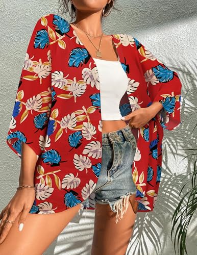 BB&KK Women's Floral Summer Tops Puff Sleeve Kimono Cardigan Loose Cover Up Casual Chiffon Blouse (Red/Leaf Summer Tops, L) - Thumbnail 6