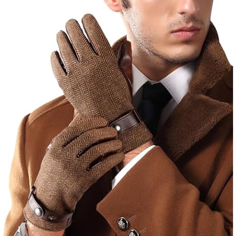 LADYBRO Herringbone Gloves for Men - Mens Glove Tweed Gloves Touchscreen Gloves Winter Warm Lined Driving Gloves Black Brown Cover