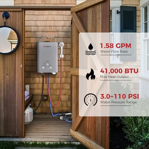 Image of Tankless Water Heater, CAMPLUX 1.58 GPM Propane Portable Water Heater With Pump Kit, Gray, BW158GP60