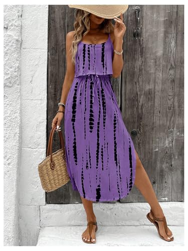 Image of RoseSeek Women's Spaghetti Strap Tie Dye Cami Sun Dress Beach Midi Summer Dresses Resort Wear Vacation Outfits