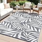 smiry Outdoor Teppich Wasserfest Balkon Camping Teppiche UV-beständig Waschbar Außenteppich Draussen Wendbarer für Terrasse, Garten, Wohnmobil - 180 x 270 cm, Grau & Weiß - Blätter Muster