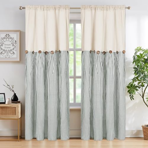 ASPMIZ Cotton Linen Farmhouse Curtains Boho Rustic Button Curtain, Linen