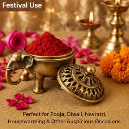 Image of Antique Elephant Brass Kumkum Dani with Lid | Traditional Sindoor Box for Pooja | Decorative Pooja Container for Home Temple & Mandir Decor | Vintage Brass Finish (1)