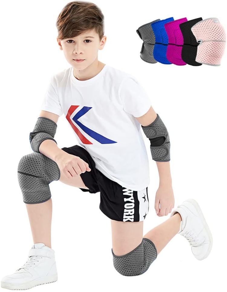 Knee and Elbow Pads Protective Gear Set (4pc) for Cycling Running Volleyball Crashproof Antislip for Kids Youth