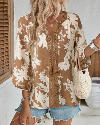 Gaharu Women's 3/4 Sleeve Boho Tops Casual V Neck Floral Print Loose Fit Blouses Tunic3