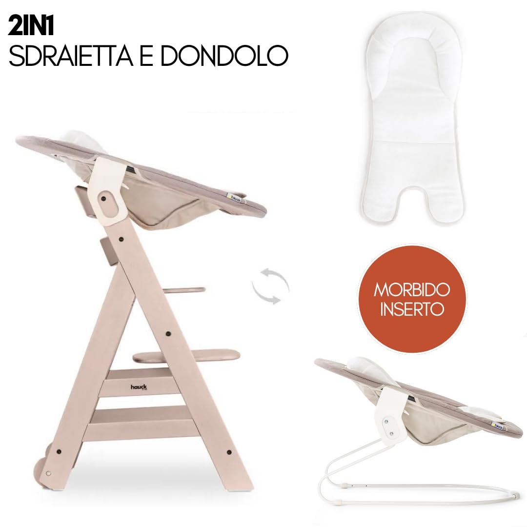 hauck Seggiolone Beta Plus Newborn Set - Seggiolone Legno Evolutivo, con Sdraietta Neonati (Dondolo Neonati), Cuscino Seduta, Vassoio - (Classic, Whitewashed, beige)