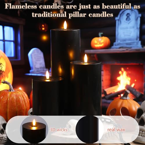 Image of Retisee 3 Pcs Halloween 6 /8 /12 Inches Black Flameless LED Candles with Remote and 2 /4 /8h Timer Battery Operated Electric Wax Flickering Pillar Candles for Halloween Parties, Haunted House Displays