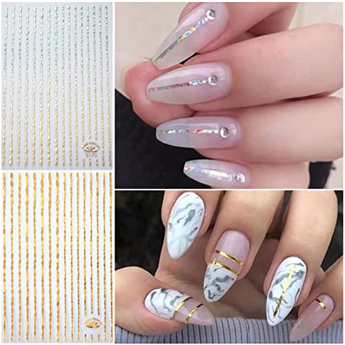 10 Sheets Gold Nail Art Stickers,Line 3D Metallic Nail Stickers Self-Adhesive Nail Decals Holographic Glitter Gold Silver Metal Strip Nail Art Design For Women Girls Acrylic Nails Supplies Decoration #TOP2