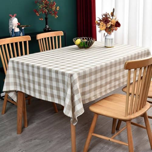 Yofori Gingham Table Cloth for Rectangle Tables Beige Checkered Plaid Tablecloth Heavy Duty Cotton Blend Washable & Wrinkle Table Cover for Outdoor Kitchen Dining Picnic Camping (60x102 Inch) - Image 2
