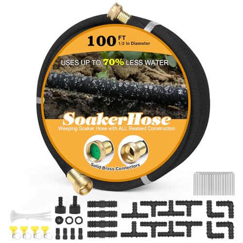 Soaker Hose 100ft for Garden Beds Solid Brass Interface Irrigation Save 70% Water Heavy Duty Rubber 1/2" Diameter Great for gardens/flower beds Accessories Contain Various Connections