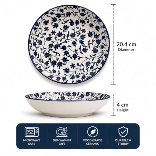 Image of Ceramic Pasta Plate, 20.4 cm Porcelain Dinner Plates, Microwave & Dishwasher Safe, Food Grade Ceramic, Deep Serving Plate for Pasta, Salad, Soup, Curry & Noodles (Blue Floral Vine Pattern, PACK OF 4)